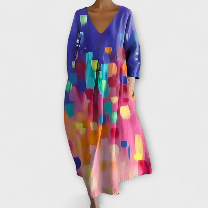 Fiona - Long, Colorful Dress with V-Neck